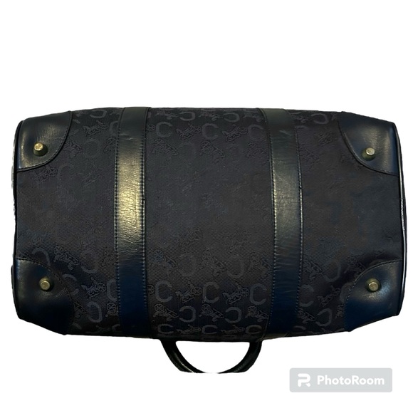 CELINE Authentic Vintage C Macadam Navy Blue Canvas Leather Trim Boston Bag Tote - Picture 7 of 17